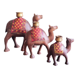 Vintage Wooden Camel Candle Holders — Set of 3