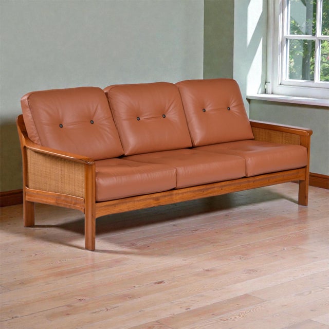 Brown Danish Modern Teak Sofa With Caned Sides Restored in New Leather For Sale - Image 8 of 16