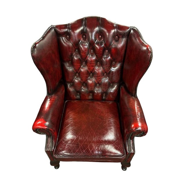 English Chesterfield Wingback Chair with Ottoman, Set of 2 For Sale - Image 10 of 11