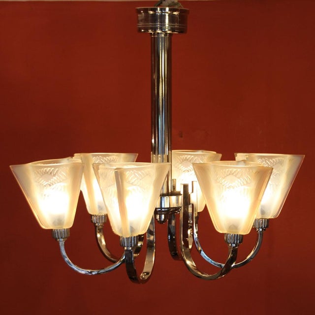 Art Deco Ceiling Light with 6 Arms and Opaline Glass Tulip Shades from Petitot, 1930s For Sale - Image 4 of 18