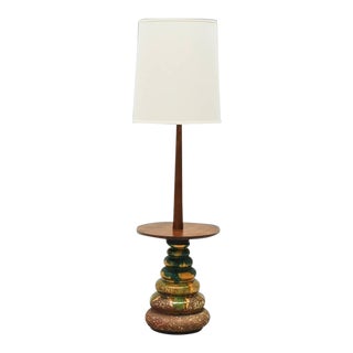 1960s California Studio Ceramic Drip-Glaze Floor Lamp With Teak Table For Sale