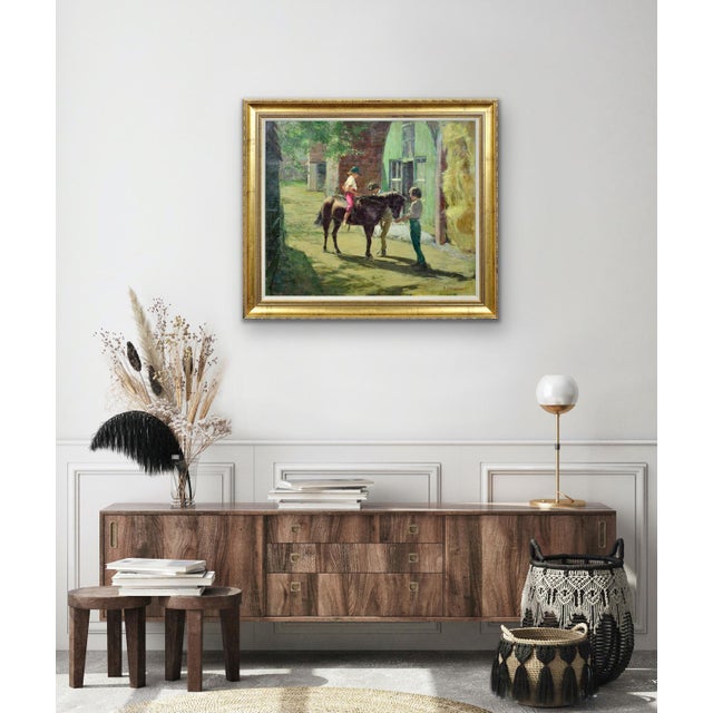 Harry Freckleton, Children with Their Pony in the Stableyard, 1960s, Oil on Canvas For Sale - Image 14 of 18