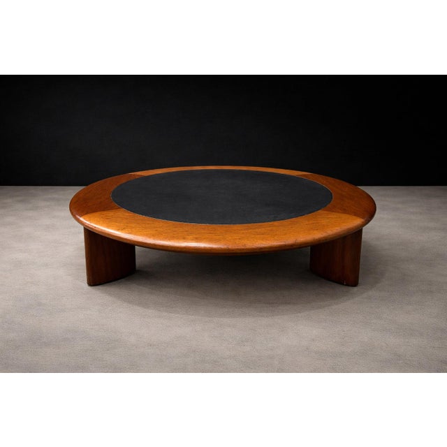 Round Coffee Table in Solid Hardwood & Black Leather, Brazilian Modern, 1970s For Sale - Image 10 of 11