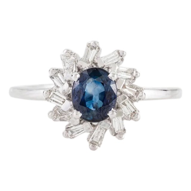 Art Deco Style Blue Sapphire & Baguette Diamond Halo Cluster Ring 14k Gold Size 5.5 For Sale