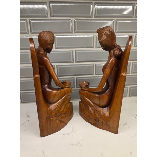 Pair of Mid-Century Balinese Art Deco Mahogany Maiden Bookends – Keradjinan Bali Stamped For Sale In Phoenix - Image 6 of 12