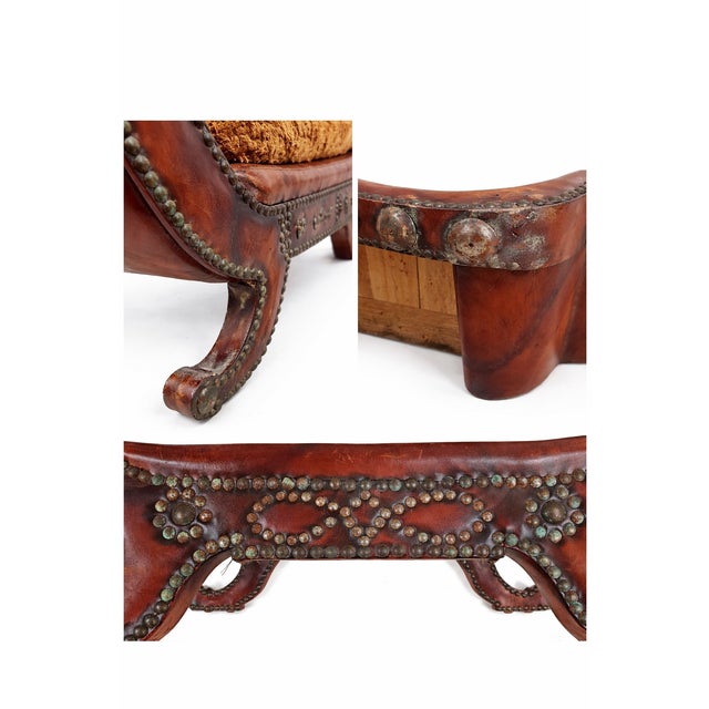 Wood Swedish Leather Footstool attributed to Otto Schulz for Boet, 1930s Art Deco Studded Stool For Sale - Image 7 of 8