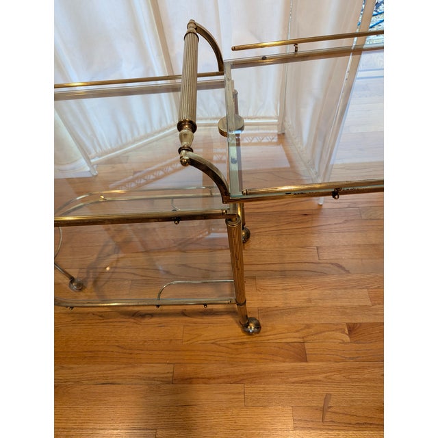 Double Sided 3 Tiered Vintage Rolling Brass/Glass Bar Cart, a Hollywood Regency Classic With Swivel Top and Secure Lock For Sale - Image 9 of 16