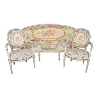 Paint Decorated French Louis XVI Tapestry Upholstered French Salon Set For Sale