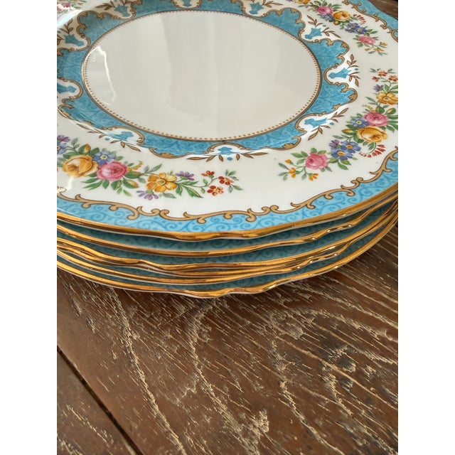 Ceramic Vintage Crown Staffordshire Lyric Tunis Blue Dinner Plates – Set of 6 – Fine Bone China England – 1930s–1950s For Sale - Image 7 of 9