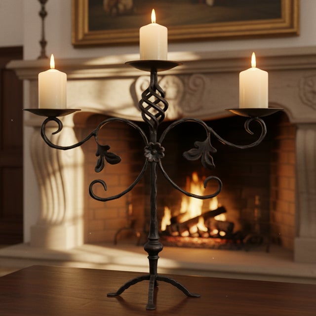 2020s Hand Forged Iron Candelabra 19.5″ (49cm) Antique Copper Finish Grand Estate Wide-Arm Centerpiece For Sale - Image 5 of 8