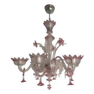 Chandelier in Transparent and Pink Murano-Style Glass with Flower and Leaf Motifs by Simoeng For Sale