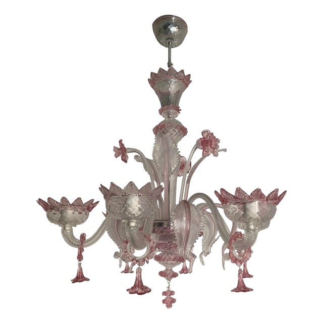 Chandelier in Transparent and Pink Murano-Style Glass with Flower and Leaf Motifs by Simoeng For Sale