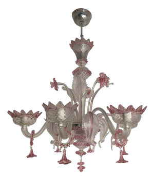 Chandelier in Transparent and Pink Murano-Style Glass with Flower and Leaf Motifs by Simoeng