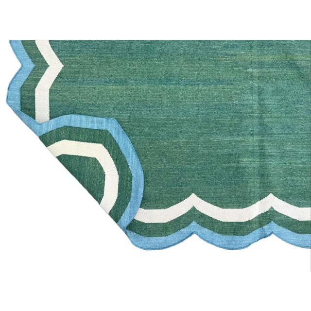 Casa Cosima Handmade Cotton Reversible Scalloped Edge Rug Forest Green With Cream and Teal Blue Border - 10'x16' For Sale - Image 4 of 10