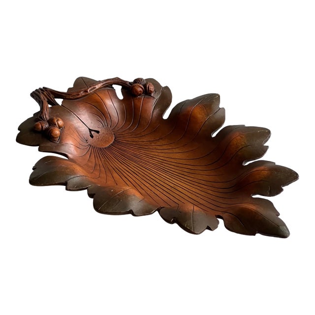 Vintage Treenware Oak Leaf Tray With Acorns For Sale