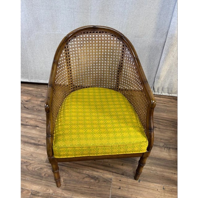 Mid-Century Modern Pair Vintage Mid Century Bamboo Cane Barrel Chairs W Yellow Green Blocked Fabric For Sale - Image 3 of 4