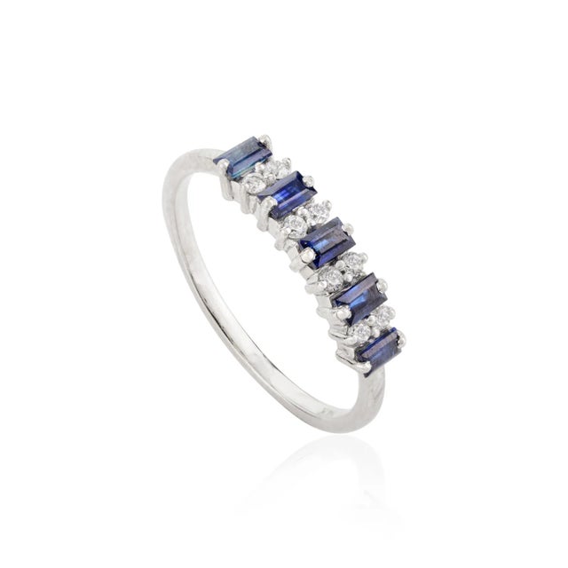Art Deco Baguette Cut Blue Sapphire & Diamond Half Band Ring Size 6.5 For Sale - Image 3 of 11