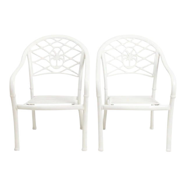 Vintage Palm Beach Regency White Aluminum & Vinyl Strap Armchairs For Sale