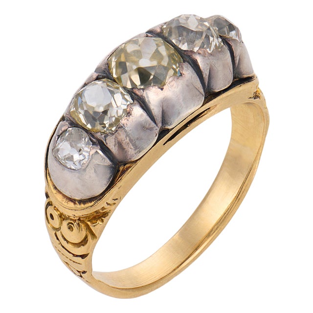 Late 19th Century Victorian 1.20 Carat Old Mine Cut Diamond 18k Yellow Gold Silver Five Stone Band, , Size 5.5 For Sale