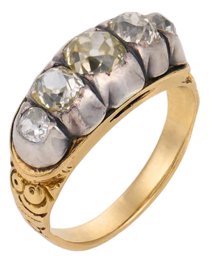 Late 19th Century Victorian 1.20 Carat Old Mine Cut Diamond 18k Yellow Gold Silver Five Stone Band, , Size 5.5
