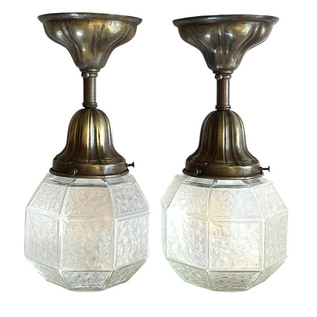American 1920s American Sheffield Holder Flush Pendants With Geometric Original Glass Shades - Pair For Sale - Image 3 of 5
