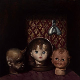 Unlikely Cohorts by Ximena Rendon | Oil on wood panel Still life of doll heads and a hook For Sale