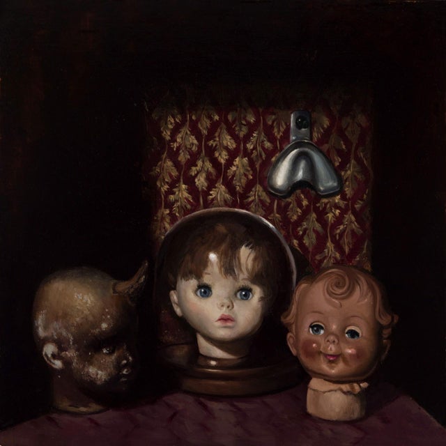 Unlikely Cohorts by Ximena Rendon | Oil on wood panel Still life of doll heads and a hook For Sale