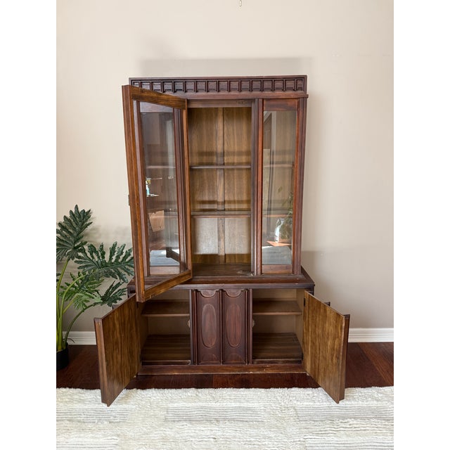 Wood Vintage MCM Tobago Style Lighted China Cabinet For Sale - Image 7 of 12
