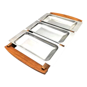 1960s Kalmar Danish Teak Wood and Stainless Steel Hostess Buffet Tray