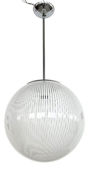 Large Italian White Striped Murano Glass Globe Pendant Light, 1970s