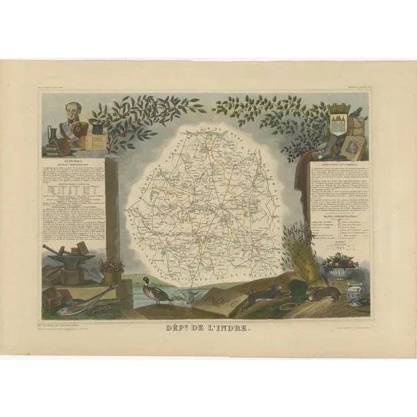 Antique map titled 'Dept. de l'Indre'. Map of the French department of Indre, France. Part of the Loire Valley wine...