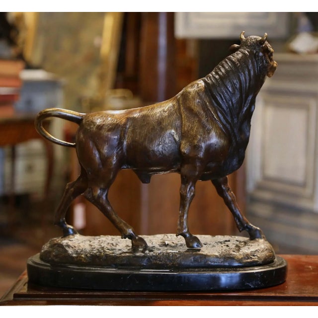 Bronze Early 20th Century French Patinated Bronze Bull Sculpture on Black Marble Base For Sale - Image 8 of 9