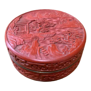 Late 19th Century Antique Small Carved Cinnabar Lacquer 'Scholar' Circular Box and Cover