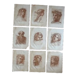 Authentic Antique 18th Century Elephant Folio Size Raphael Sepia Etchings - Set of 9