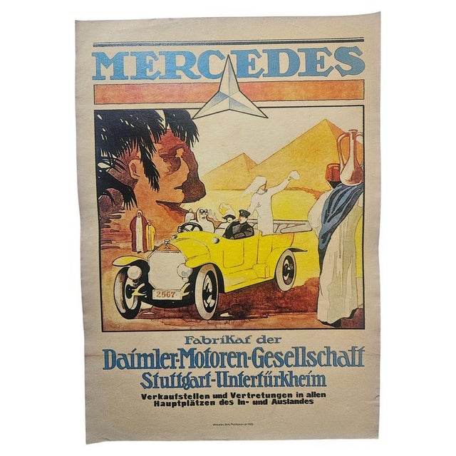 Cream Vintage Art Deco Mercedes Benz Automobile Advertising Poster, 1930 For Sale - Image 8 of 8