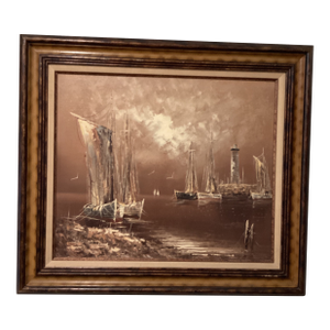 Vintage Oil Panting on Canvas by R . Lindstorm Nautical Seascape Framed
