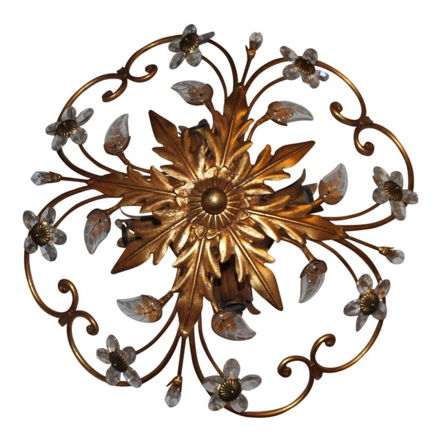 1960s Vintage Maison Bagues 4 Light Flush Mount Gilt Tole Crystal