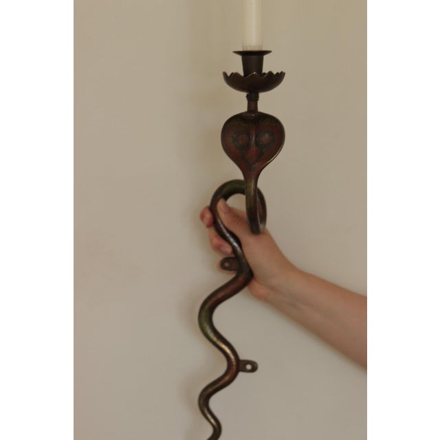 Egyptian Revival Engraved Brass Enameled Cobra Sconces, Set of 2 For Sale - Image 6 of 13