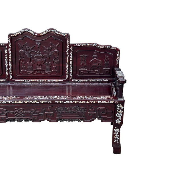Wood Chinese Red Rosewood & Mother of Pearl Bench For Sale - Image 7 of 12