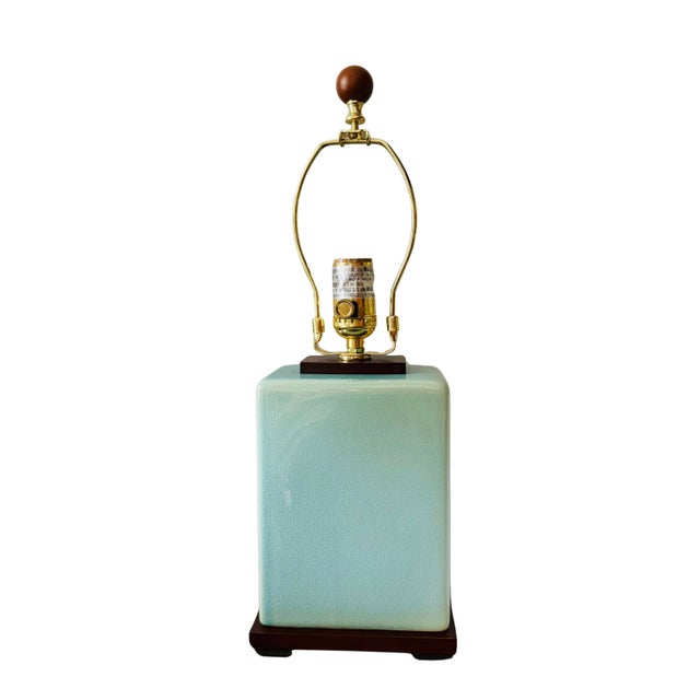 Wood Pair of Lauren Ralph Lauren Celadon Crackle Glazed Porcelain Table Lamps | Coastal Modern Transitional Lighting With Original Shades For Sale - Image 7 of 15