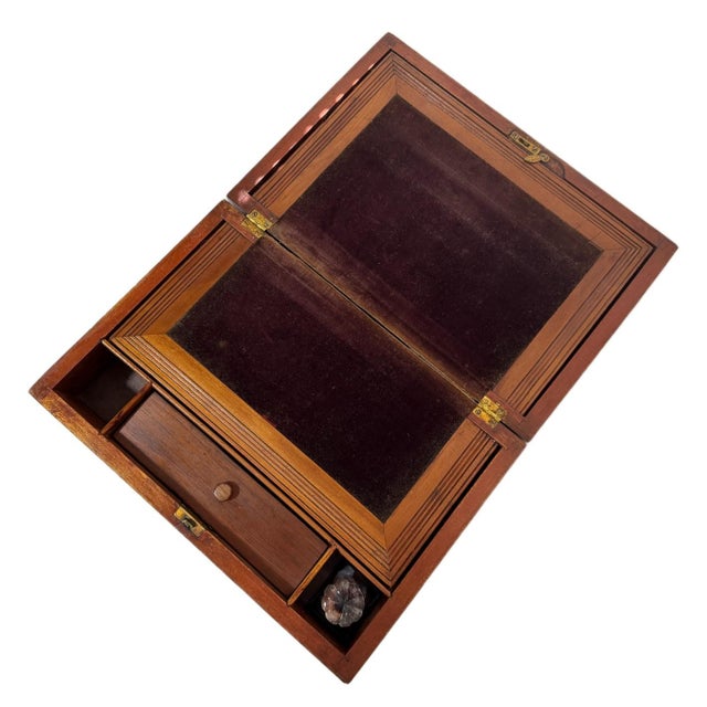 Antique English Victorian Burl Wood Traveling Writing Slope / Lap Desk For Sale - Image 4 of 11
