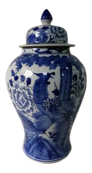 Chinese Blue and White Porcelain Ginger Jar With Birds & Flowers