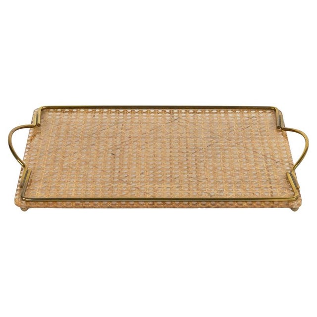 Mid-Century Acrylic Glass, Rattan and Brass Serving Tray in the style of Christian Dior, Italy, 1970s For Sale - Image 13 of 13
