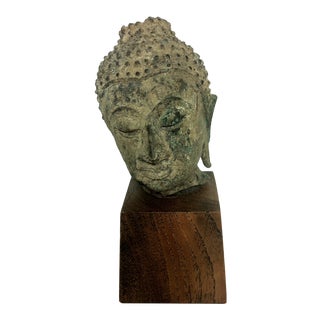 Mid 19th Century Bronze Buddha Head on Wood Stand For Sale