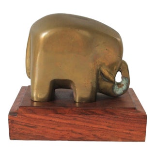 Vintage Brass Elephant on Wood Stand For Sale