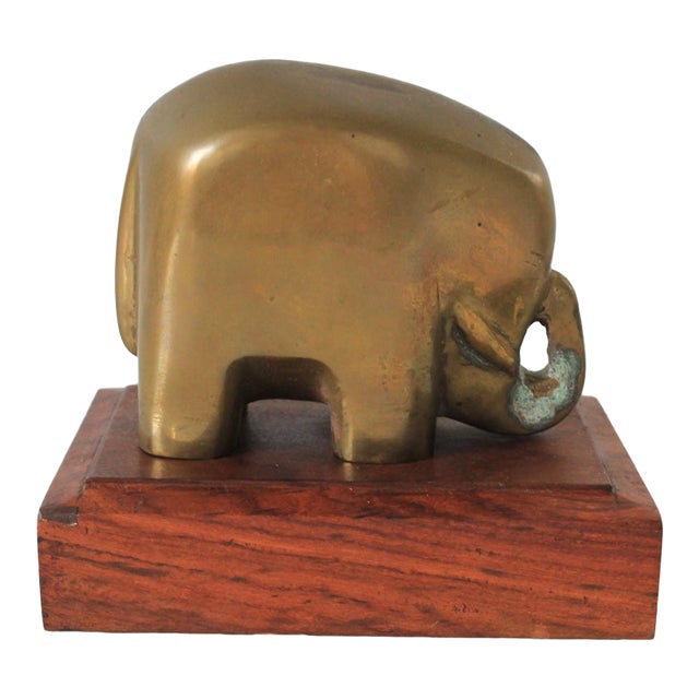 Vintage Brass Elephant on Wood Stand For Sale
