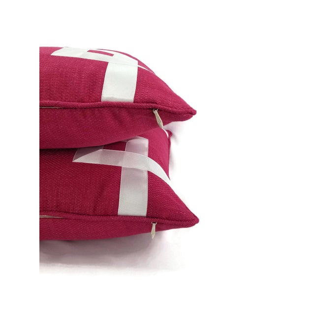 Dark Pink Basket Woven White Ribbon Embellished Pillow Cover For Sale - Image 4 of 6