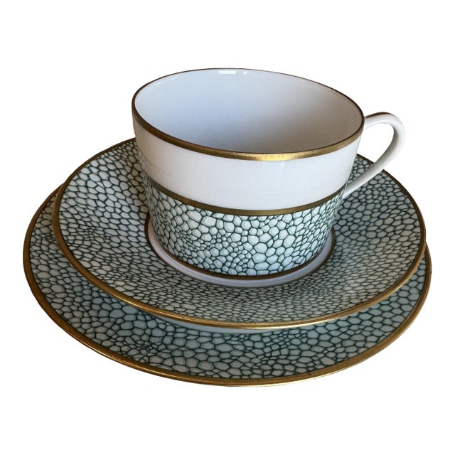 Late 20th Century Puiforcat “Galuchat” Limoges Celadon & Gold Tea Set (Cup, Saucer & Dessert Plate) - 3pcs For Sale