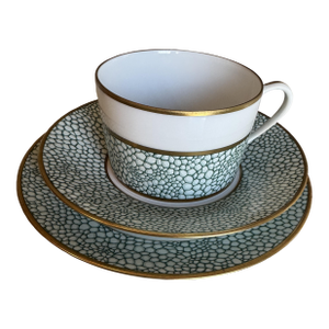 Late 20th Century Puiforcat “Galuchat” Limoges Celadon & Gold Tea Set (Cup, Saucer & Dessert Plate) - 3pcs