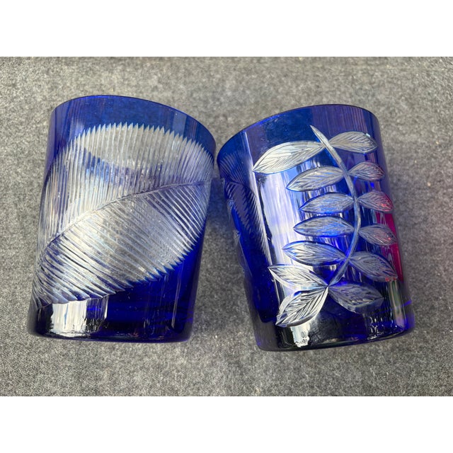 Mid 20th Century Mid 20th Century Bohemia Cut to Clear Cobalt Etched Tumblers Glasses a Pair For Sale - Image 5 of 15